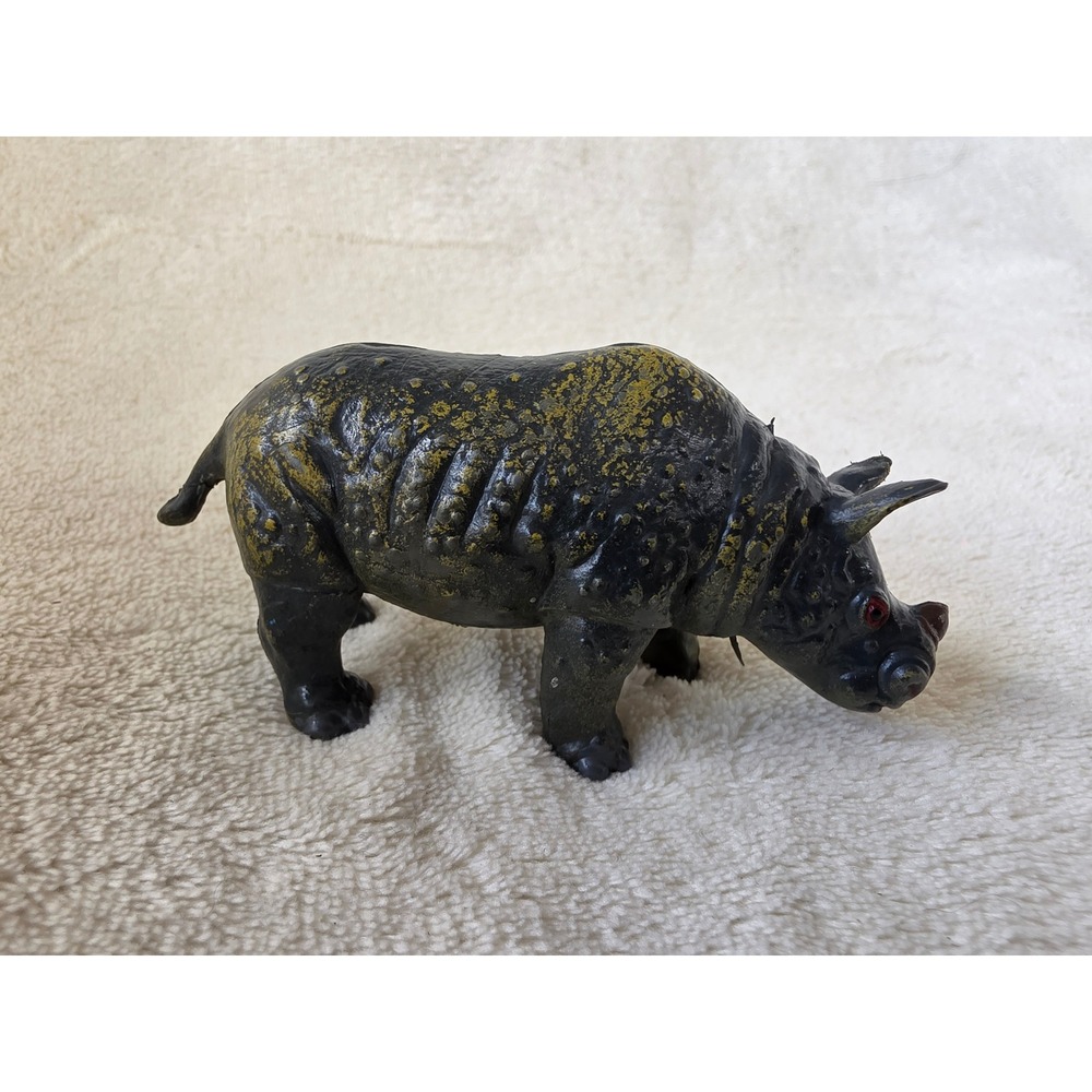 Vintage AAA Rhinoceros Figurine Grey Green Textured Rubber Plastic Animal Toy